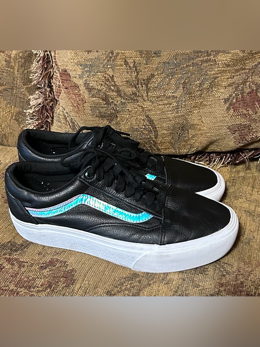 Vans Old Skool Platform sneakers in black leather with a holographic sidestripe